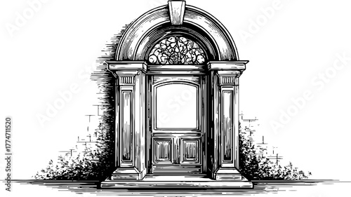 Ornamental vintage doorway design for vertical poster layout with engraved details