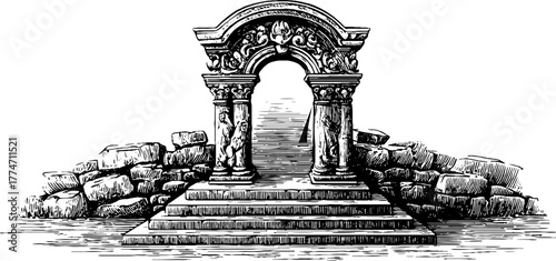 Vintage ornamental architectural archway sketch for vertical poster design