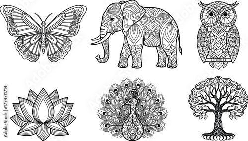 Mega Set of Zentangle Style Butterfly, Elephant, Owl, Peacock, and Tree of Life Coloring Page Vector Illustration