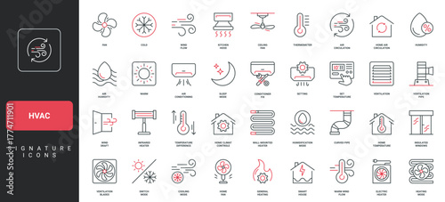 HVAC, heating, ventilation and air conditioning system for home, car line icon set. AC and smart control of comfortable temperature, cooling thin black and red outline symbols vector illustration