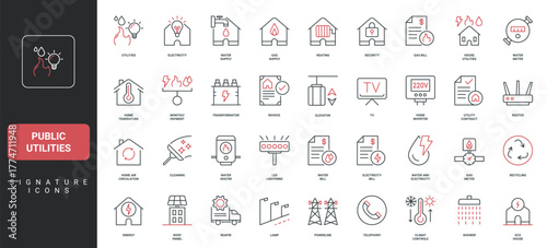 Public utilities, electricity and heating, water and gas meters and supply, sewerage line icon set. Monthly payment for bill, internet and TV thin black and red outline symbols vector illustration