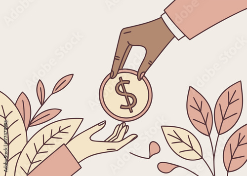Financial generosity blooms as money is given to help grow, a stylish symbol of investment and support with a modern earthy aesthetic