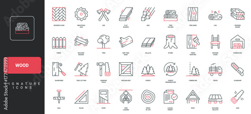 Wood, logging and forestry, wooden construction materials production, carpentry line icon set. Forest tree and timber, log, carpenters tools thin black and red outline symbols vector illustration