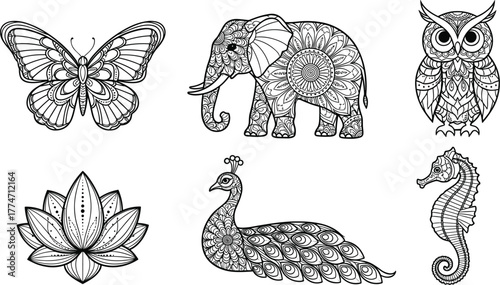 Mega Set of Zentangle Style Butterfly, Elephant, Owl, Peacock, and Lotus Coloring Page Vector Illustration