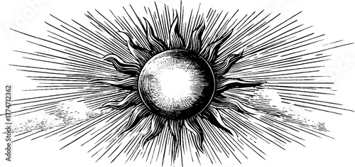 Ornamental sunburst pattern with fine lines and central circle design for art prints and crafts