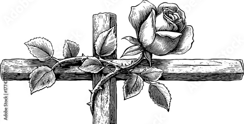 Ornate cross with floral and vine motif - vintage religious design for prints or cards