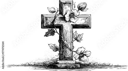 Ornate floral cross with vine elements for vintage religious design