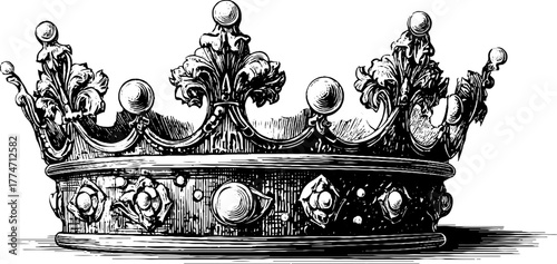 Ornate crown with pearls and engraved floral patterns for vintage design or historical decoration