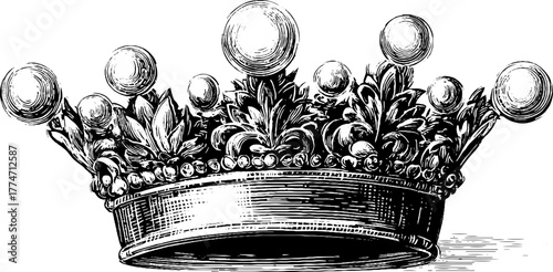 Ornate crown with pearls and engraved floral pattern for vintage design