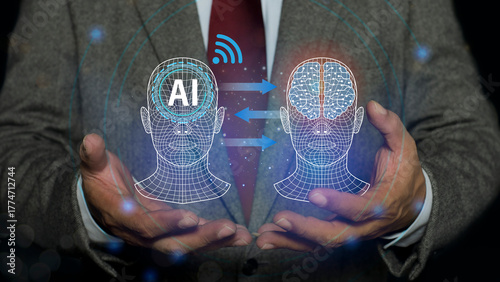 Machine learning with data technology. Robot inputting information from a human head into its own. futuristic digital network technology, innovation. AI Learning and Artificial Intelligence concept.