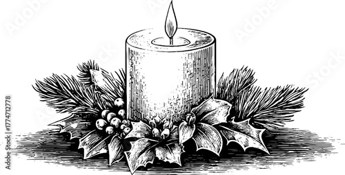 Vintage holiday candle frame with fir and holly - christmas decoration design