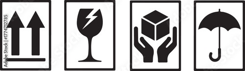 Packaging symbols, fragile and packing care label, vector illustration. Fragile. Handle with care. Keep away from water. This side up. Packaging symbols. Vector icon set.