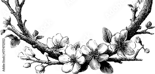 Elegant oval frame with blossoming branches and soft spring leaves for vintage design