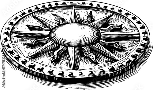 Round border with repeating sunburst pattern and fine engraving for retro design