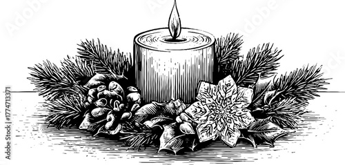 Candle with pine branches and snowflakes design for holiday decor and winter celebrations