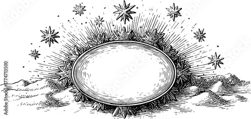 Ornate round frame with snowflakes and radiant stars for winter holiday design