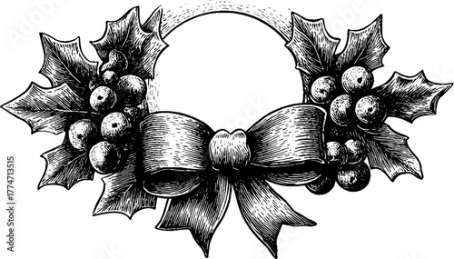 Vintage holiday wreath with holly berries and ribbon bow for decoration and design