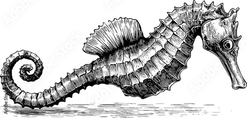 Vintage seahorse silhouette with curled tail and textured body for retro design