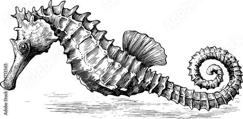 Vintage engraved seahorse illustration floating with curled tail and textured body for retro design
