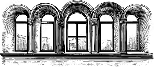 Vintage architectural sketch of arched windows and niches for design projects