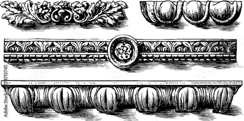 Ornate architectural borders and friezes with floral scrolls and vines for design projects