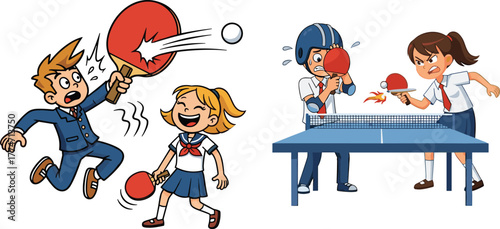Funny cartoon school kids playing table tennis with competitive expressions, humorous ping pong action scene showing sports, fun rivalry and playful energy