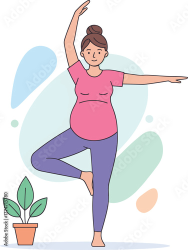 Illustration of Pregnant Woman Practicing Yoga Tree Pose