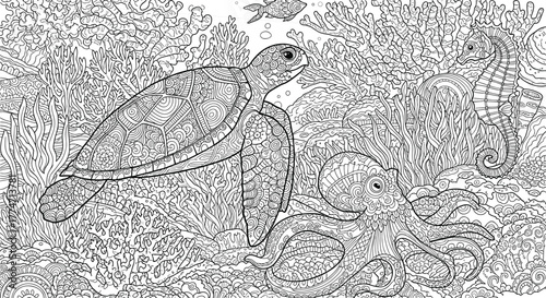 Detailed Zentangle Style Underwater Ocean Sea Turtle and Octopus Coloring Page Vector Illustration