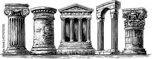 Classical architectural engravings featuring iconic columns and arches for historical design