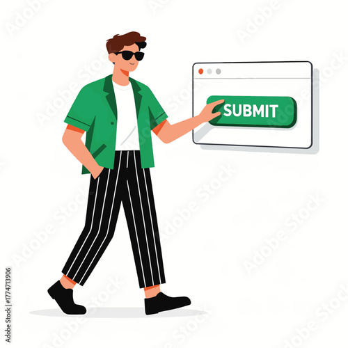 Stylish Man Submitting Data by Pressing a Large "Submit" Button