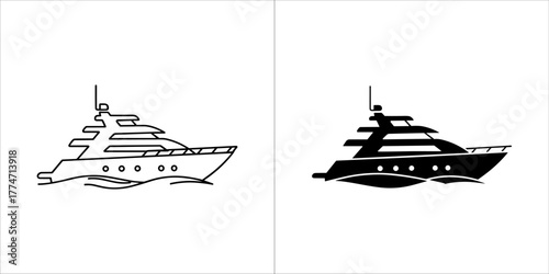 Yacht icon set, outline and glyph style