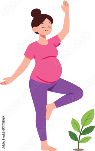 Illustration of Pregnant Woman Practicing Yoga Tree Pose