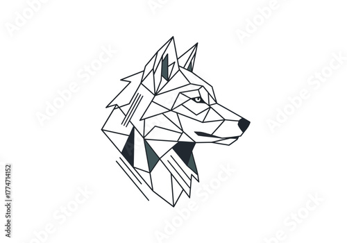 A stylized wolf head depicted in a geometric minimalist design
