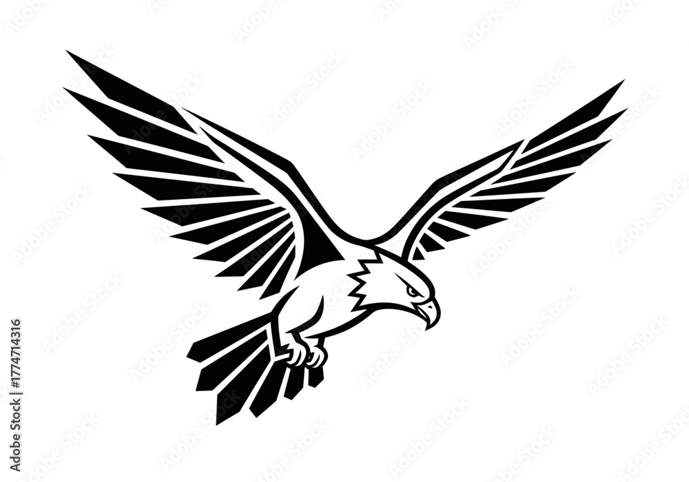 Obraz premium Black and white graphic depicts a stylized eagle in flight wings spread wide talons extended