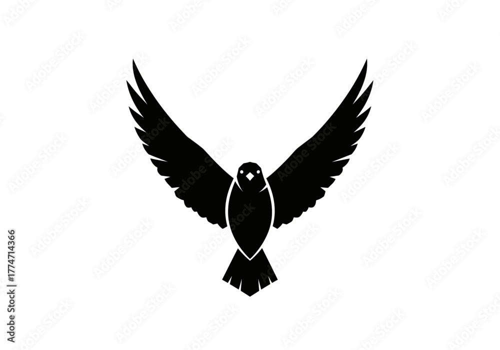 Obraz premium Black silhouette of a bird with outstretched wings against a white background