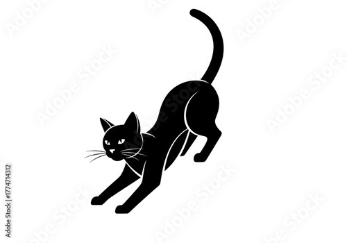 Black cat stretches tail raised high Minimalist silhouette style