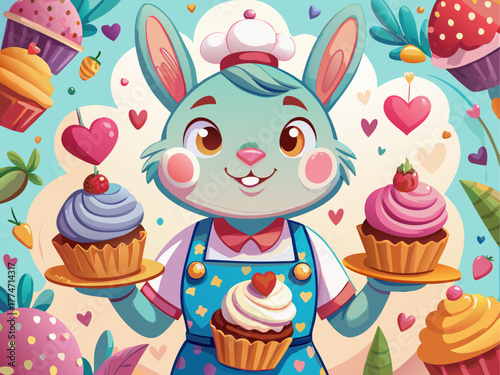 A happy rabbit in a pastel apron holds a tray of freshly baked cupcakes, surrounded by hearts and sprinkles, radiating sweetness and charm, detailed vector art