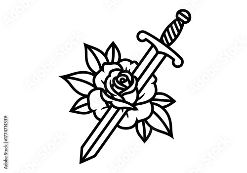 Black outline drawing of a rose pierced by a sword