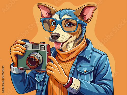 A friendly dog wearing glasses and a denim jacket holds a vintage camera, capturing moments with enthusiasm, radiating creativity and friendliness, detailed vector illustration
