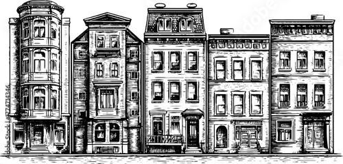 Architectural facade collection with vintage window bays and balconies for retro design