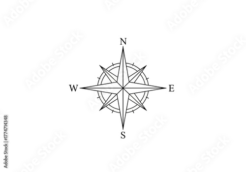 Black detailed compass rose with N S E W labels on a white background