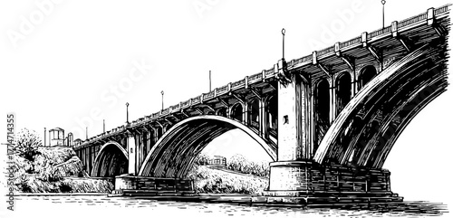 Architectural design elements featuring arched bridge and structural components for construction planning