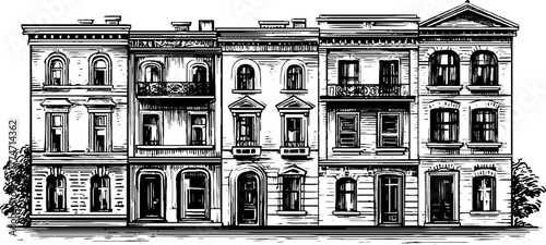 Vintage architectural design featuring building facade segments with window bays and cornices