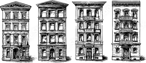 Vintage building facade segments with window bays, cornices, and balconies - architectural sketch illustration