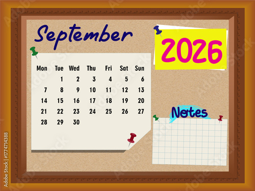 September 2026 Calendar on Cork Board with Notes, Sunday Week Start, Push Pins