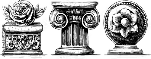 Elegant floral and scroll carved stone elements for decorative design