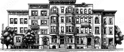 Vintage building facade with window bays, cornices, and balconies illustration