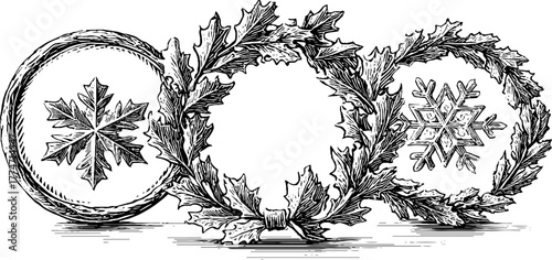 Circular winter wreath frames with snowflakes and stars for seasonal design