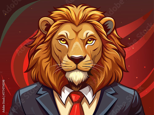 A majestic lion wearing a tailored suit and red tie, posing confidently with a calm gaze, symbolizing power, leadership, and grace, detailed vector illustration with warm lighting