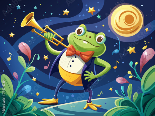 A playful frog wearing a bow tie and playing a golden trumpet under the moonlight, surrounded by floating music notes, joyful and charming atmosphere, detailed vector art